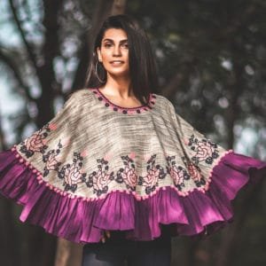 Purple Frill Slub Khadi Poncho