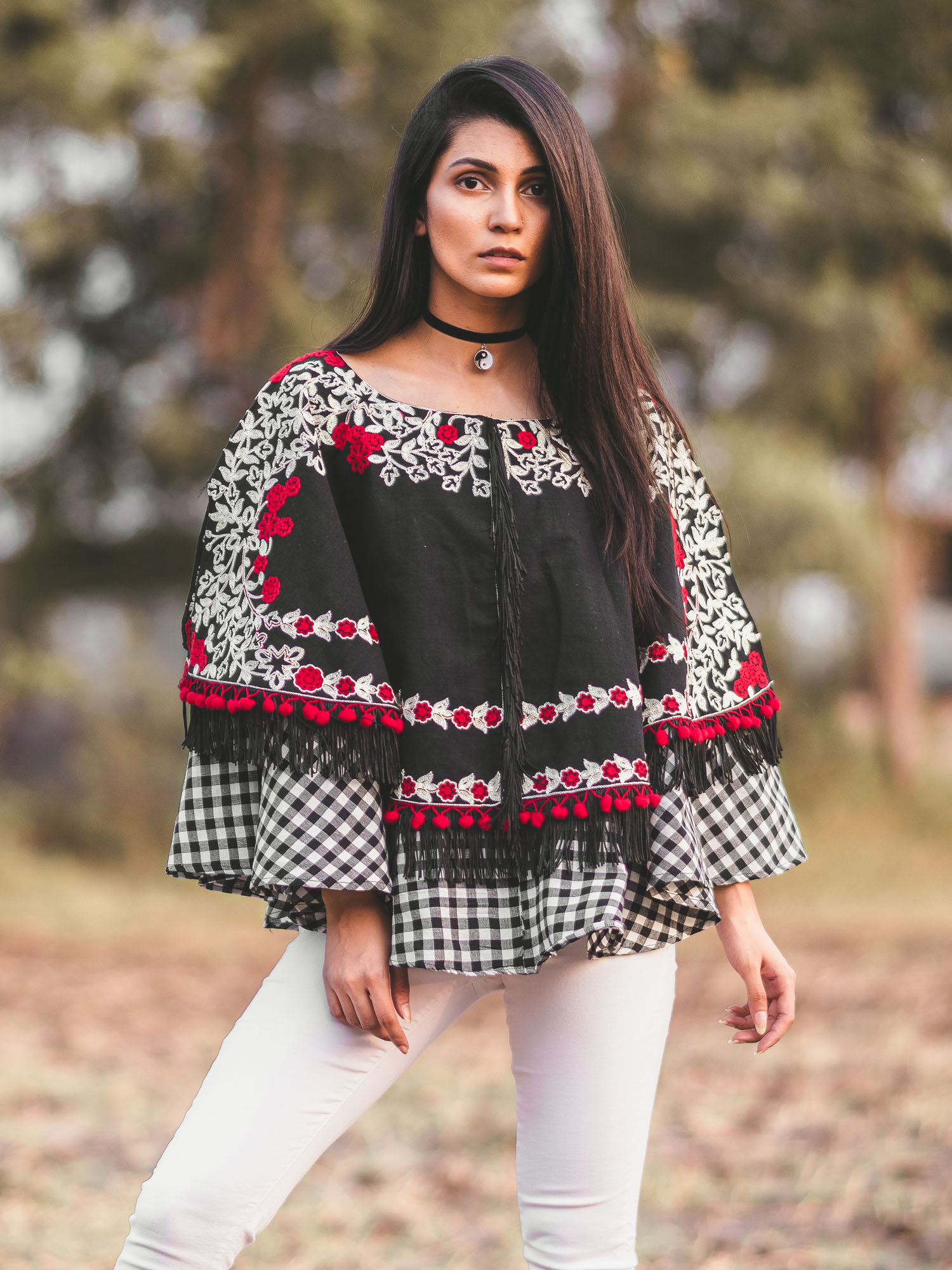 Black Circular Embroidered Khadi poncho with chex