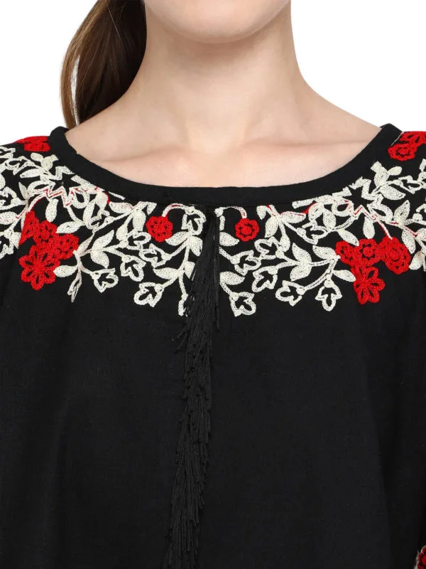 Black Circular Embroidered Khadi poncho with chex - Image 4