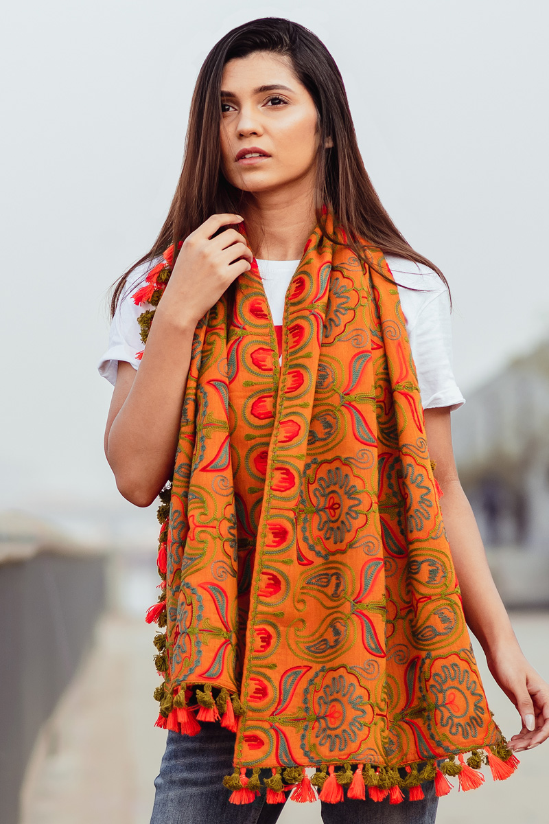 Mono Orange Woollen Embroidered Khadi Muffler