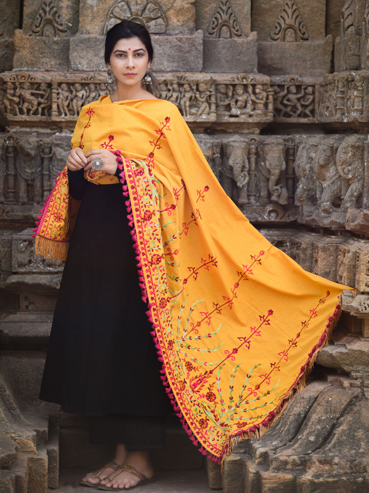 Mustard Floral Aari Embroidered Khadi Shawl/Dupatta With Wine Cotton Tassel Lace