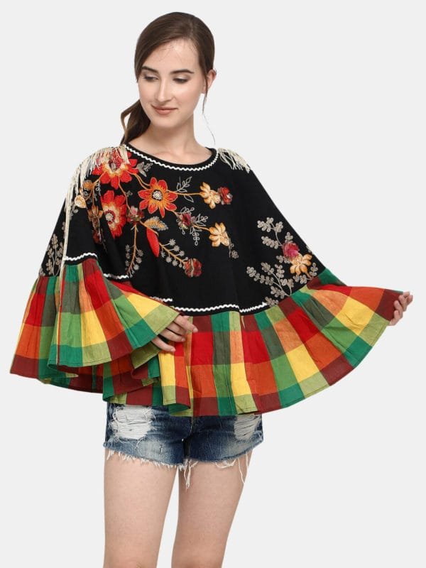 Black one side brotch checks frilled poncho