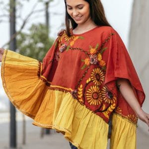 Rust Sunflower Embroidery Assymetric poncho