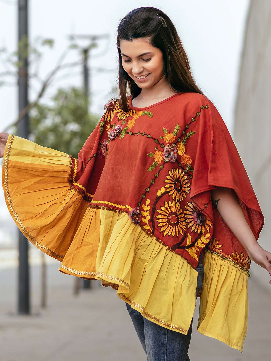 Rust Sunflower Embroidery Assymetric poncho