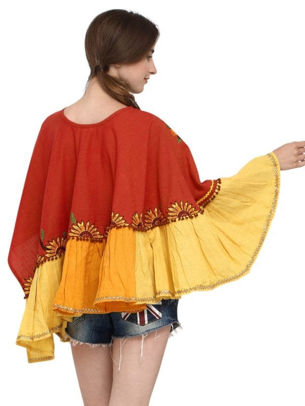 Rust Sunflower Embroidery Assymetric poncho