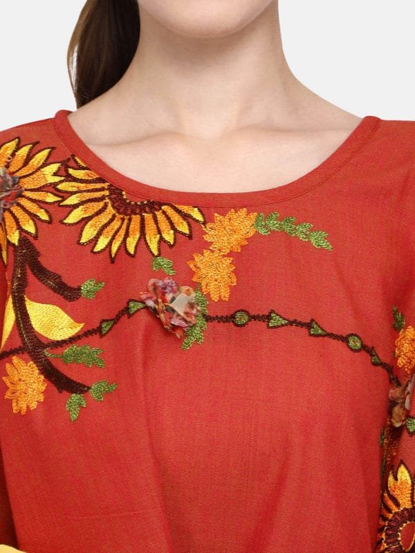 Rust Sunflower Embroidery Assymetric poncho