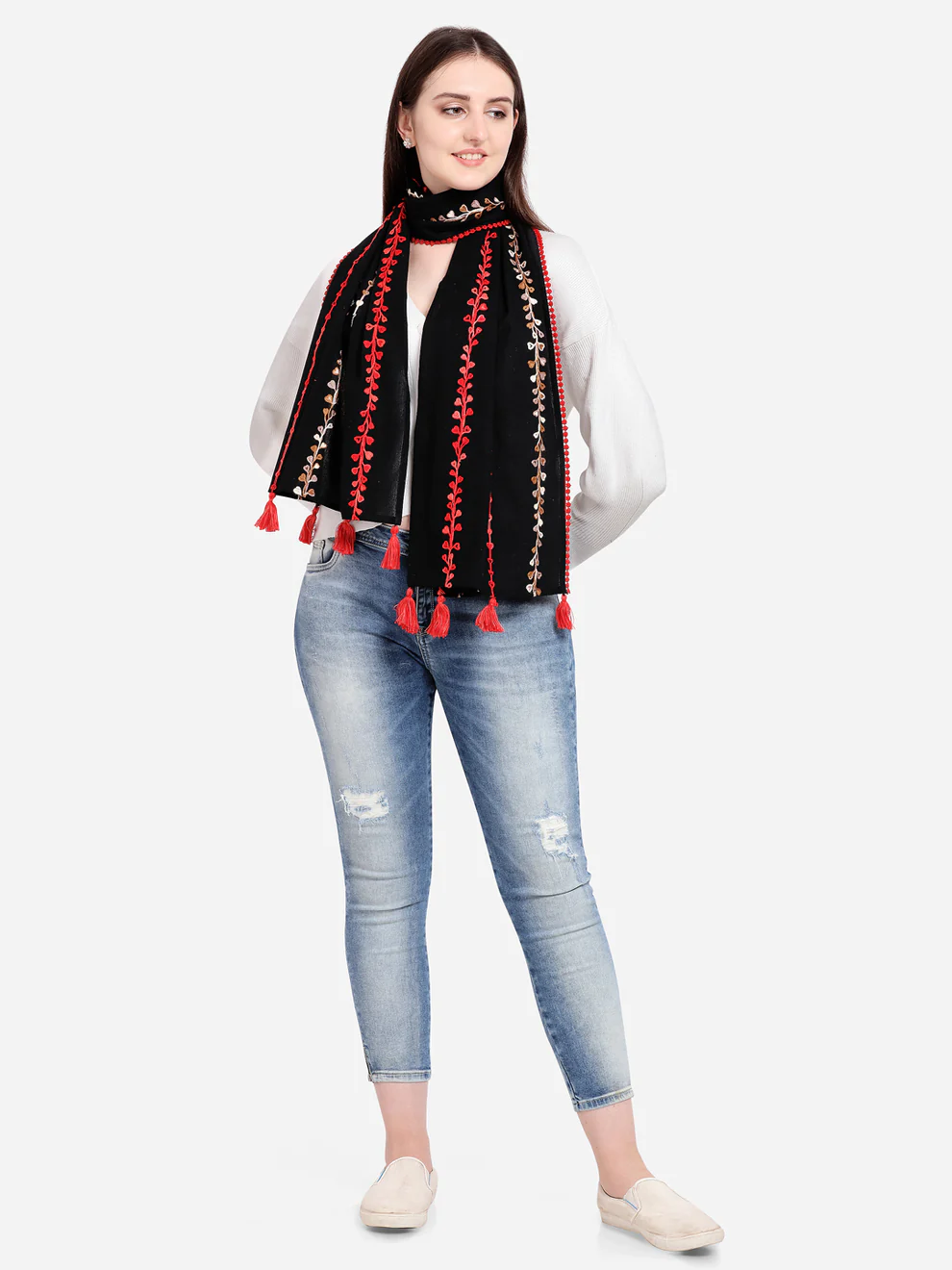 Red Little Hearts Khadi Black Embroidered Stole/Scarf