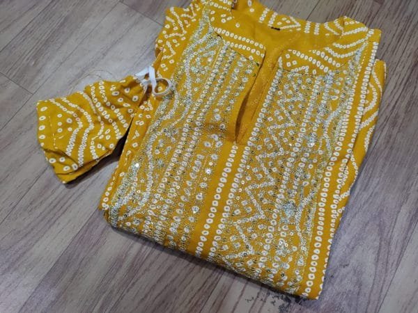 Yellow Rayon Bandhani Kurti With Sitara Work