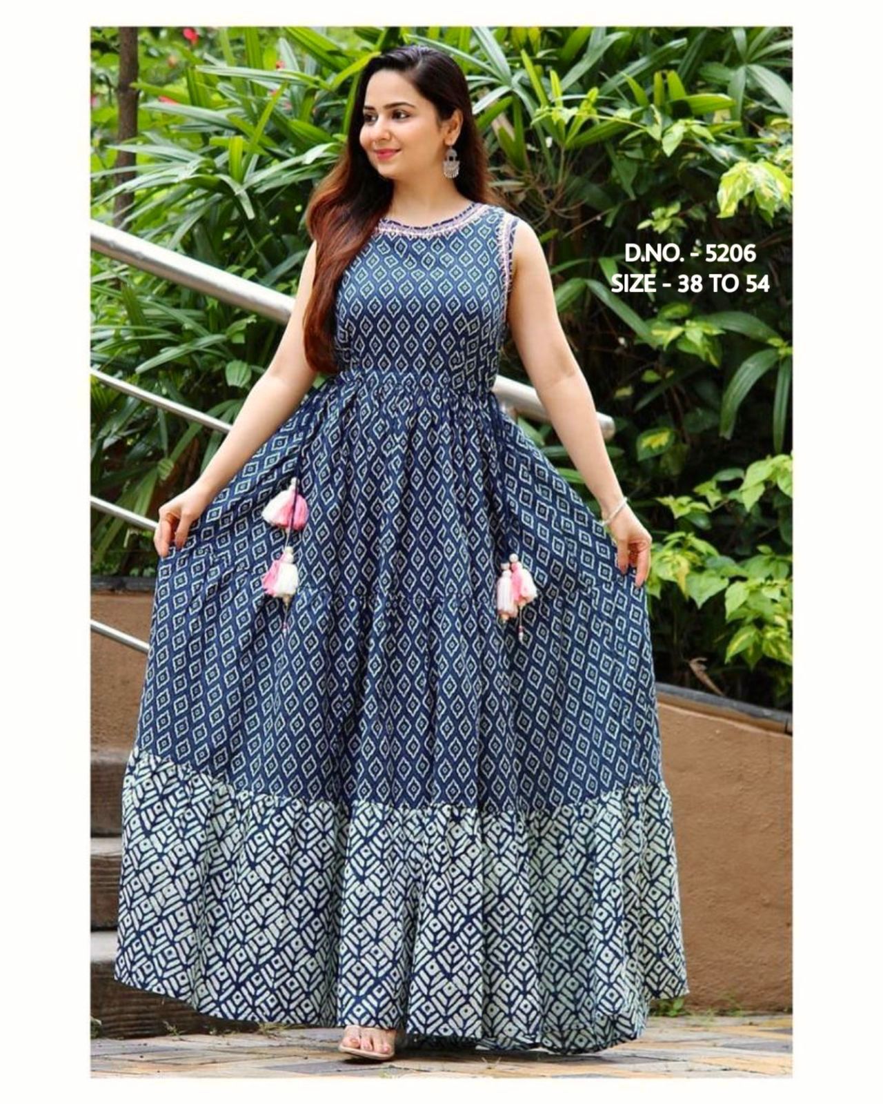 Indigo Printed Flared Long Gown