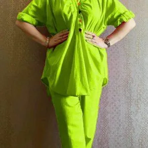 Neon Green Cotton Co-Ord Set with Rangoli Lace