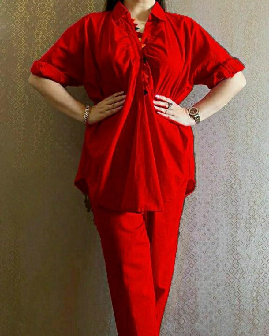 Red Cotton Co-Ord Set with Rangoli Lace