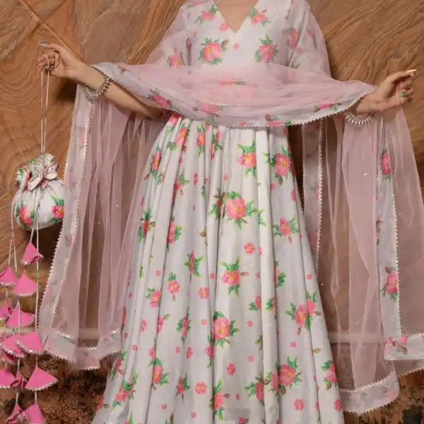 Flamingo Floral Chanderi Gown Set