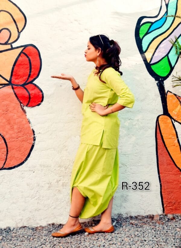 Neon Green Cotton Dhoti Co-Ord Set - Image 3