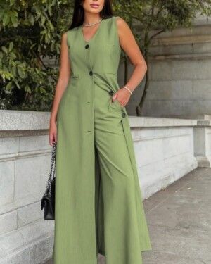 Green Sleeveless Blazer Top With Pant