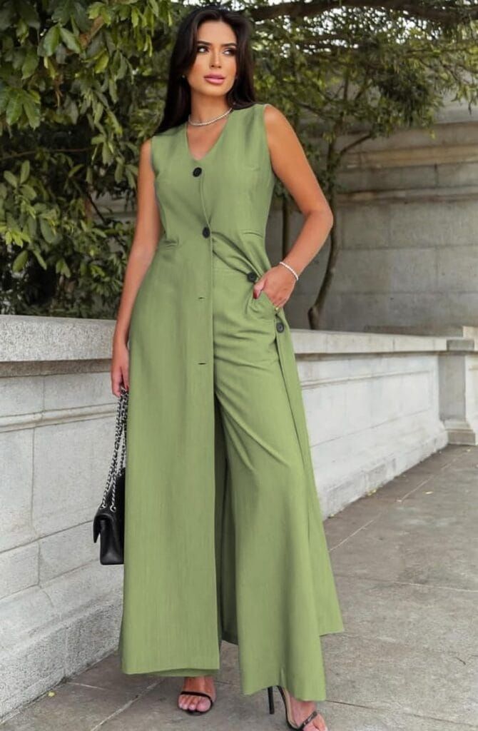 Green Sleeveless Blazer Top With Pant