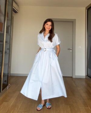 White Cotton Belt Dress